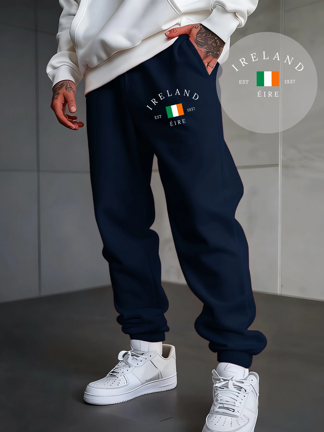 

Ireland Est 1937 Letter And Flag Prints Sweatpants Man Fleece Trousers Drawstring Pocket Jogging Pants Hip Hop Autumn Clothing