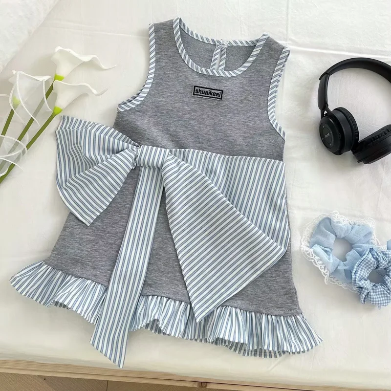 

2025Summer Girls' Dress Little Girl Big Bow Striped Tank Dress Children's Casual Dress