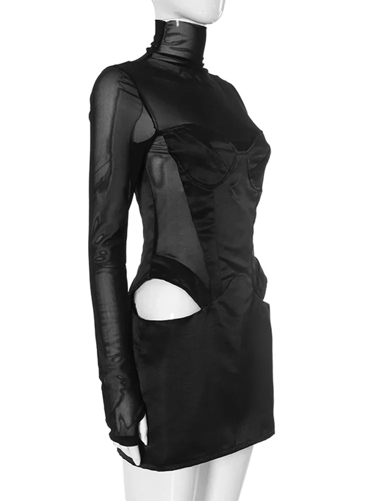 Mode Pullover Sexy Frauen Mesh Rollkragen Langarm Satin Cut Out Kleid Bodycon Kurze Club Abend Mode Party Kleid 2025,
