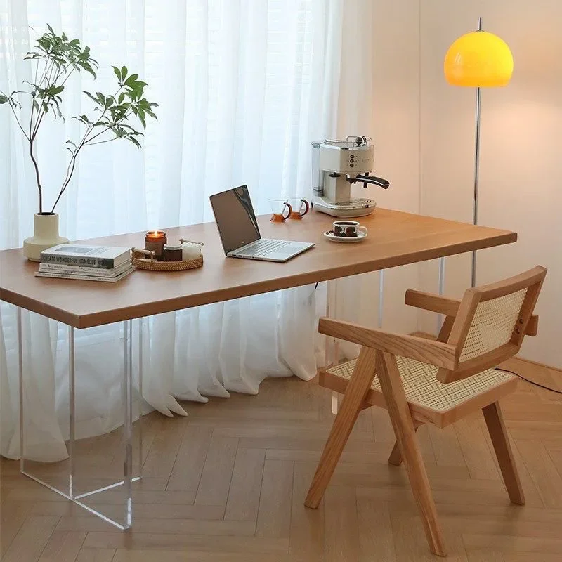 

Nordic solid wood dining table household small apartment acrylic suspended strip workbench simple study against the wall