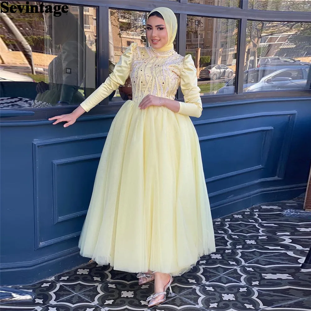 

Sevintage Elegant Faint Yellow Muslim Arabic Prom Dresses Long Sleeves High Neck Tulle Formal Evening Dress Women Party Gowns