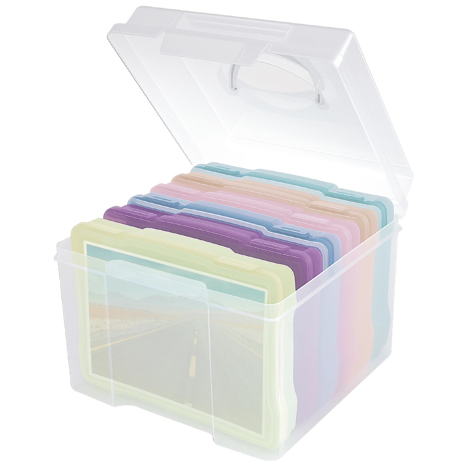 Photo Storage Box with 6 Inner Containers Clear Dust protection Pictures Greeting Card Arts Postcards Label Storage Case