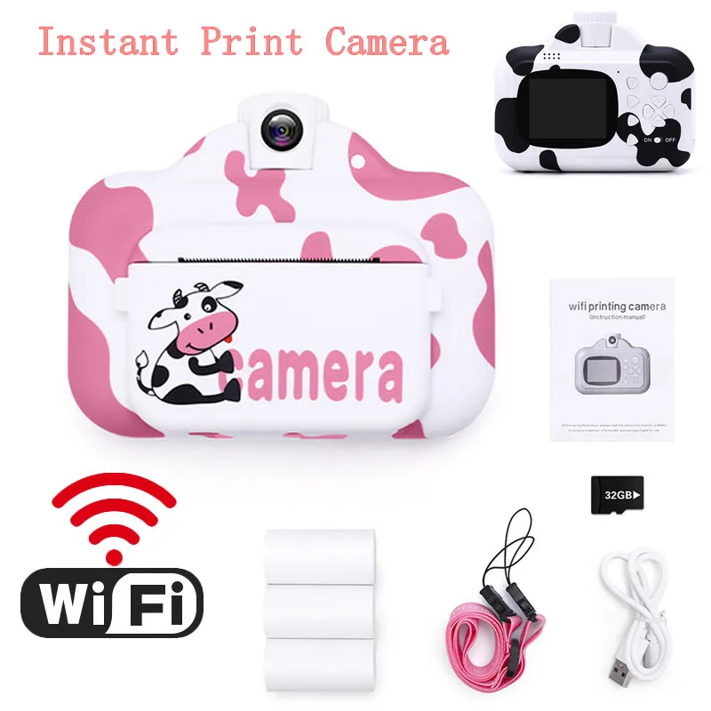 

Children Camera Instant Print Camera for Kids Digital WIfI Connection 1080P HD Video Cartion Cow Camera Toys Gifts for Girl Boy