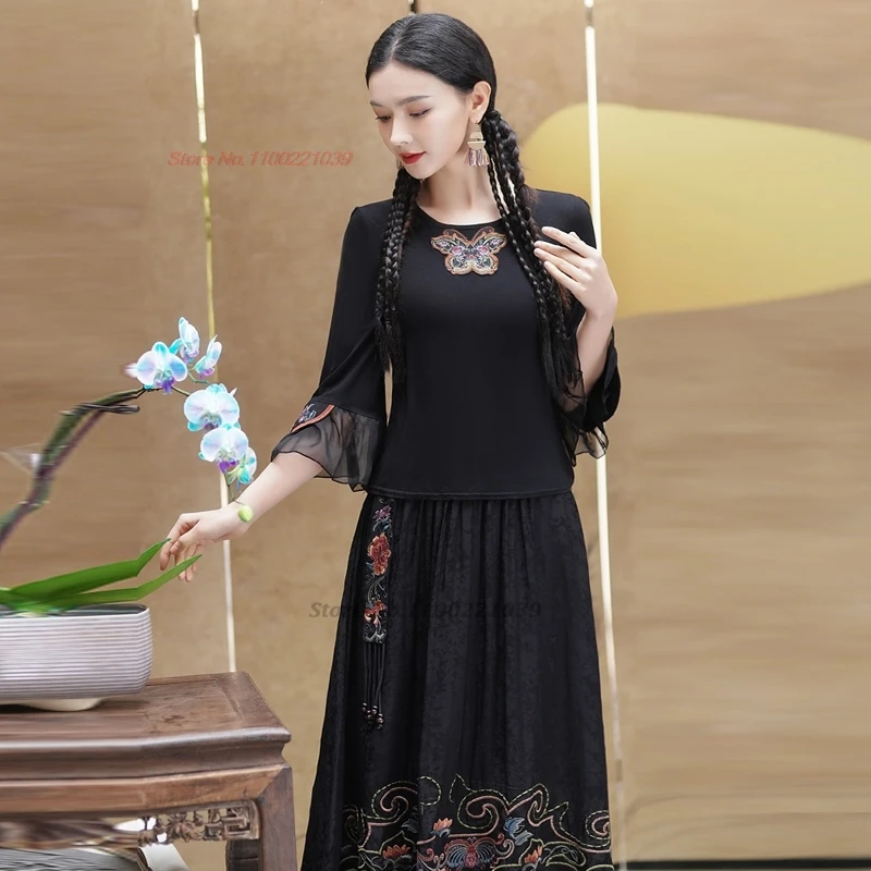 2024 Chinees Traditioneel O-hals Shirt Nationale Bloem Borduren Vintage Shirt Hanfu Tops Oosterse Kant Patchwork Basis Shirt