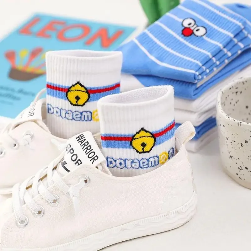 8Pcs/set Kawaii Doraemon Pattern Woman Socks Spring Summer Thin Breathable Soft Polyester Cotton Socks Casual Ankle Boat Socks