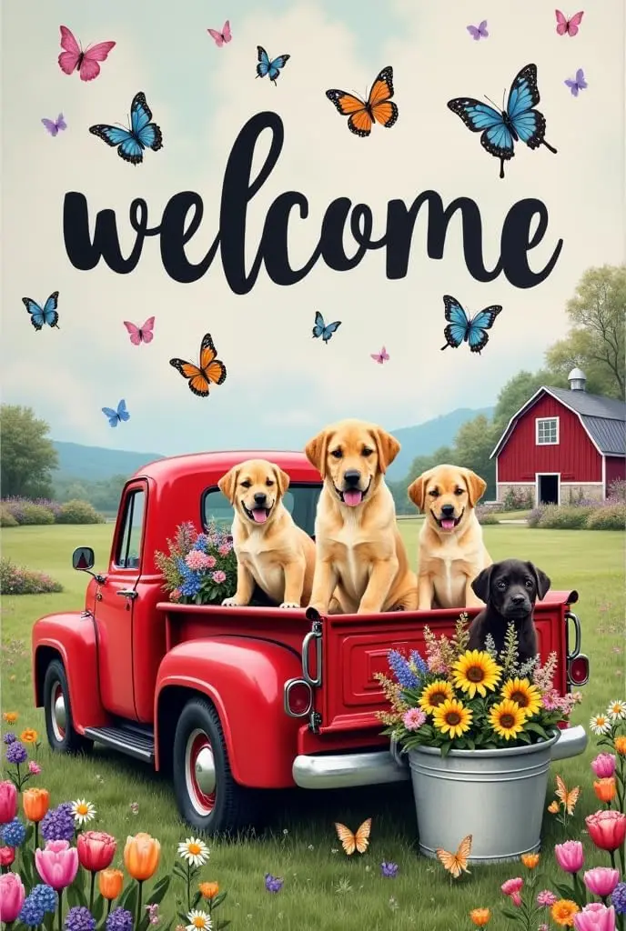 Welcome Garden Flag 12x18 Inch Double Sided Yellow Lab Puppies Butterflies Spring Summer Farmhouse Outdoor Yard House Flag D IIC