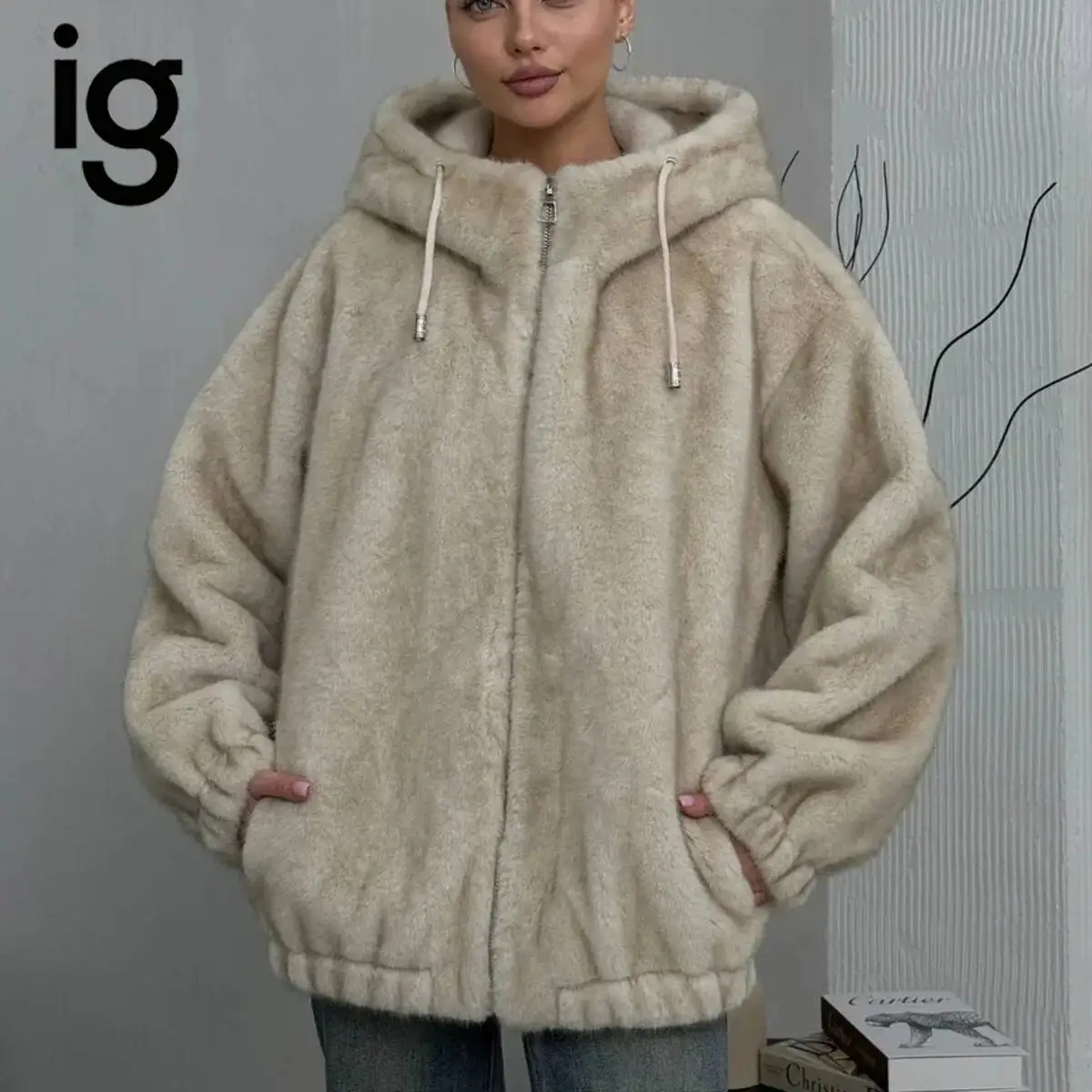 Women Fur Zip Up Jacket, Loose Oversized Short Coat with Drawstring Hood, Elastic Cuffs Hem, Casual Warm Outerwear With Side