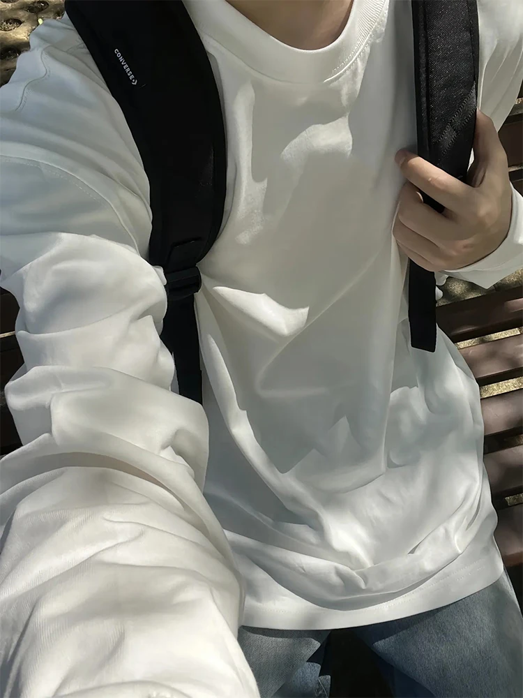 White Pure Cotton Long Sve T-irt Men's Autumn Youth Sle American Sweatirt Inner Wear Base irt Casual Loose Fit