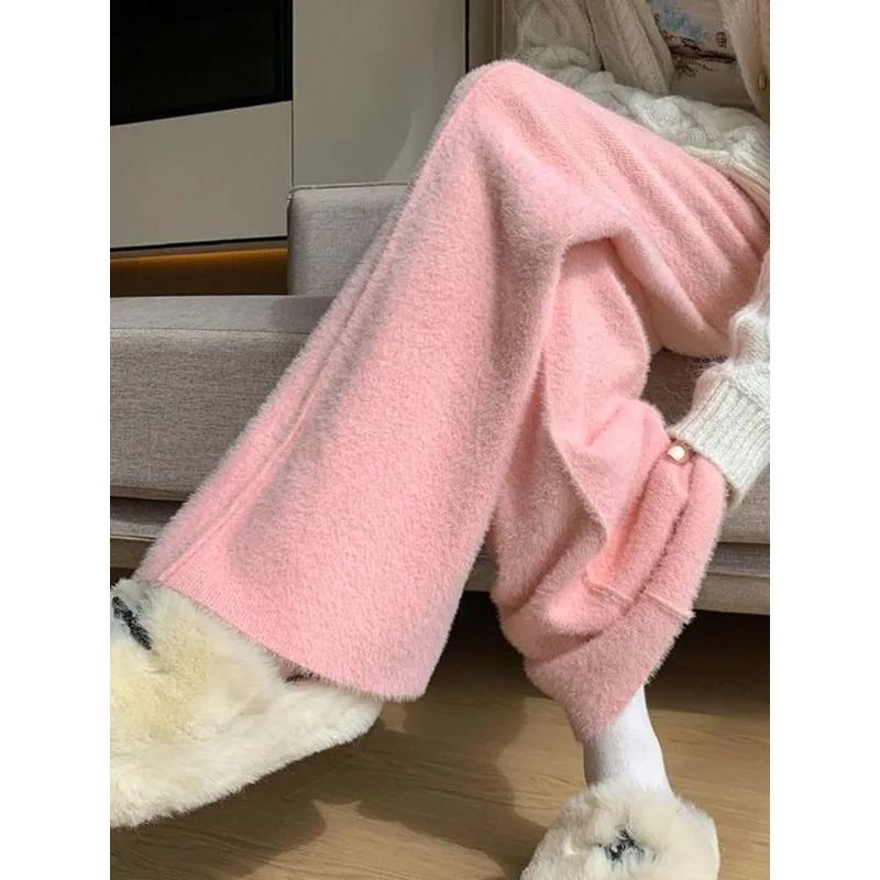 الموسم الجديد المرأة عالية الخصر واسعة الساق محبوك السراويل المستقيمة فو المنك المخملية الرباط لينة مريحة بنطلون TT802 #6