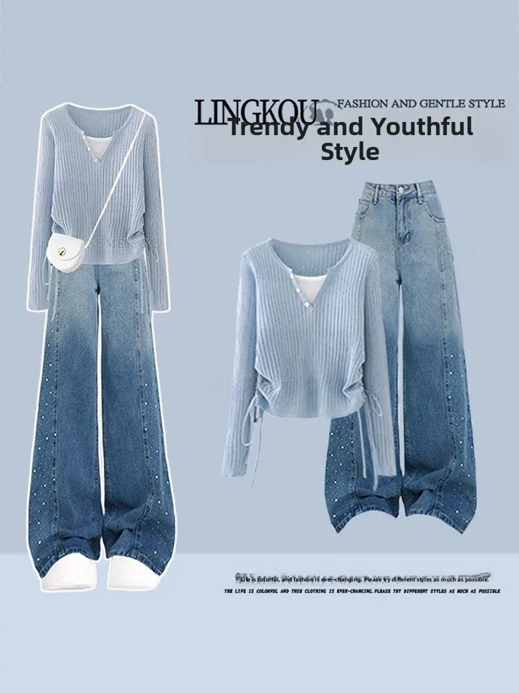 

Spring Casual Knitted Two-Piece Set Women's Style Slimming Gradient Jeans High Waist V-Neck Long Sleeve Top And Bottoms Ensemble