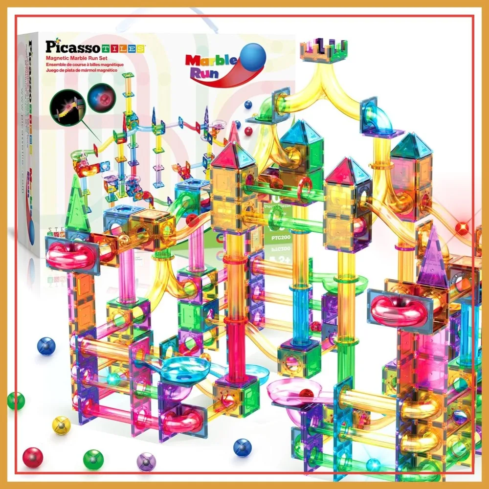 

200pc Magnetic Marble Run Tiles Building Blocks STEM Toy with Light Up Marbles Race Track Maze Set Sensory Pretend Play for Toddlers Boys Girls Ages 3+