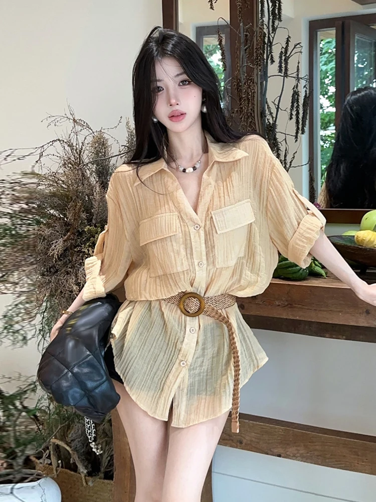 

Retro Loose Shirt with Belt Elegant Simple Style Pleated Button Slimming Top for Girls Collar Short Sleeve Casual Wear