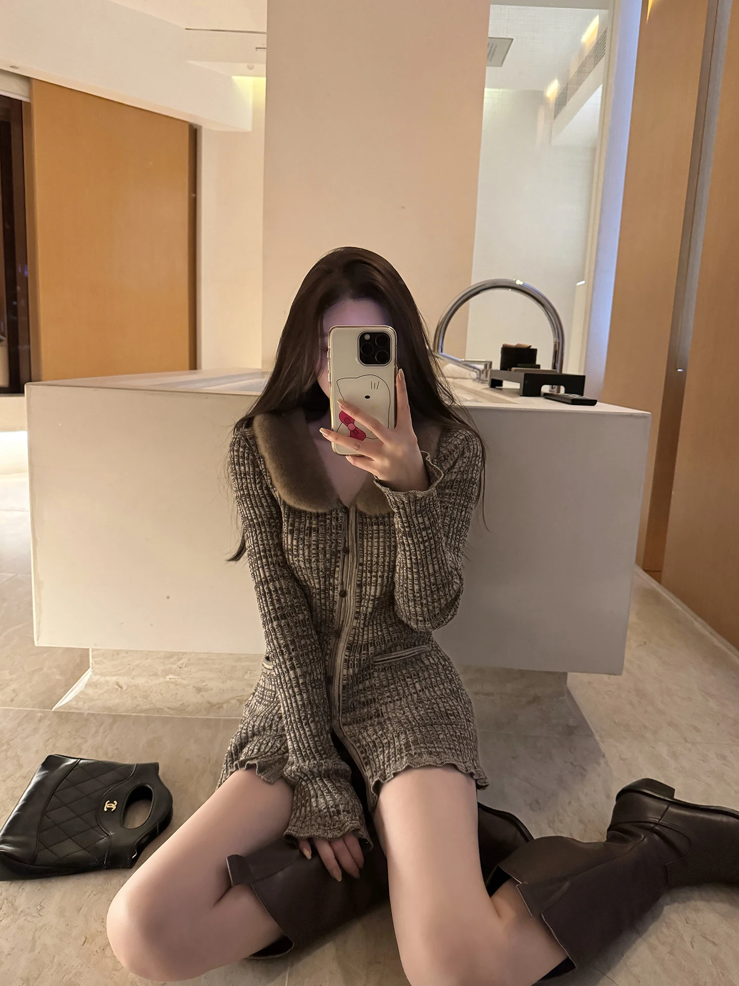 

Винтажный вязаный кардиган Titi Little Sister, женский осенне-зимний теплый однотонный меховой воротник из чистого хлопка, повседневный облегающий кардиган