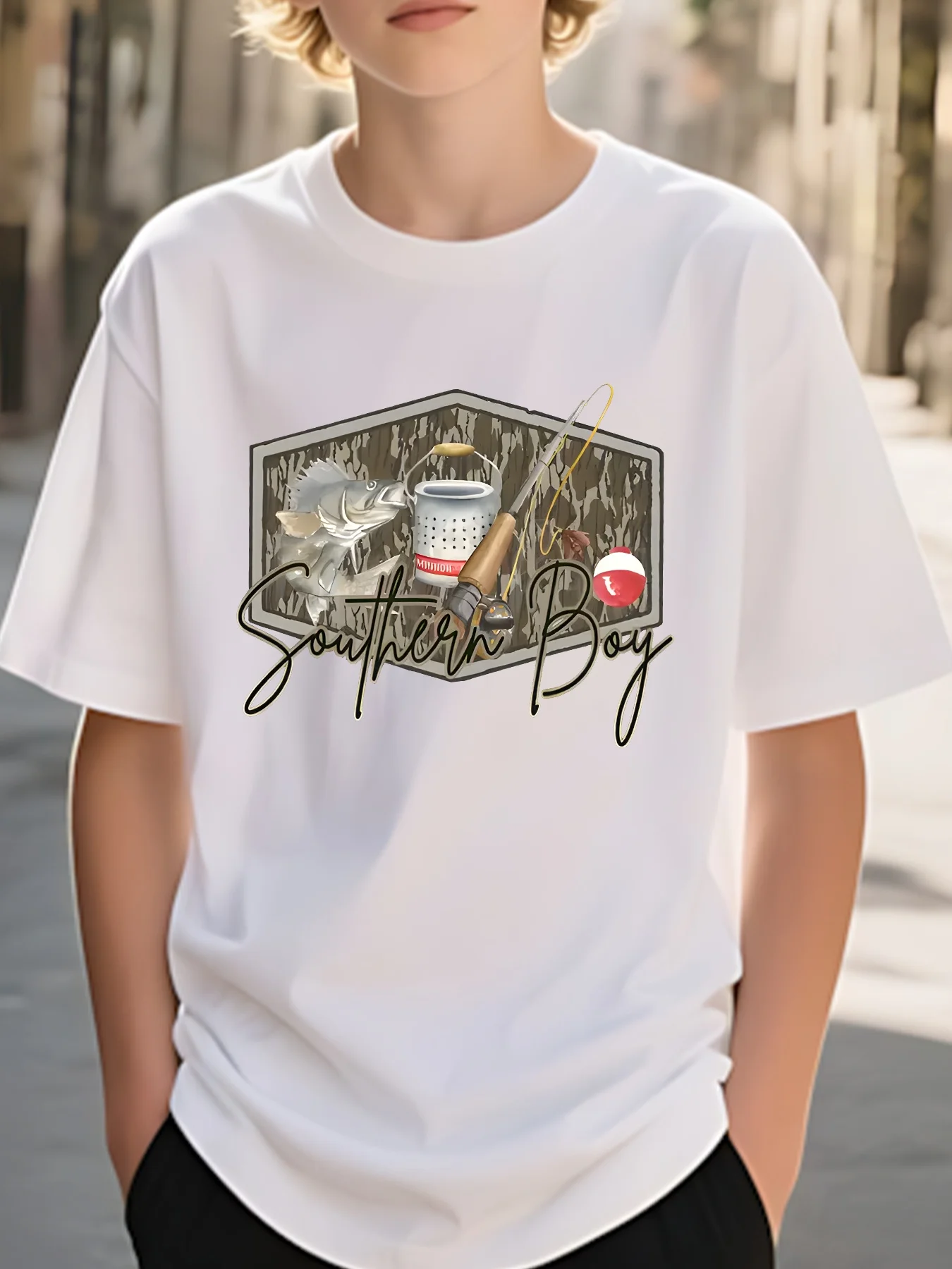 Summer Children's Fisherman Themed Printed Fun Design T-shirt Round Neck Casual and Comfortable Daily Wear Parent-child Outfit