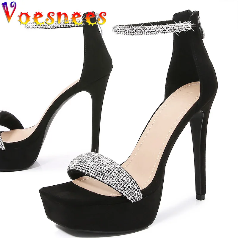 Women Rhinestones Embellished High Heels Dress Sandals Suede Sexy Platform Zipper Shoes Black Summer Fashion Party Wedding Pumps