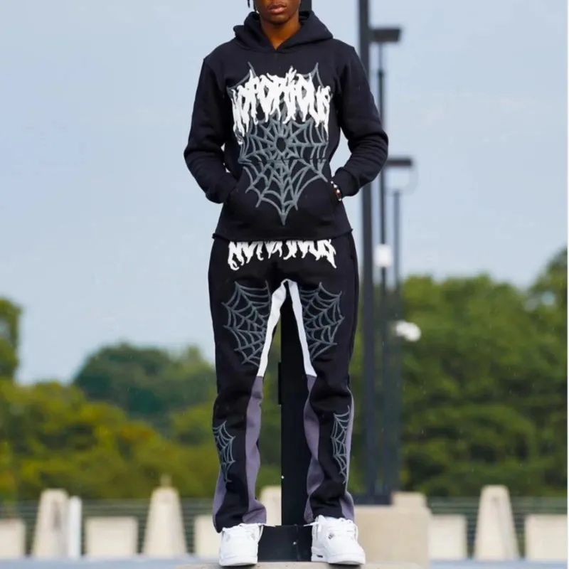 2024 American High Street Harajuku Spider web print Loose Hoodie Y2K Hip Hop Street Men Women\'s Casual Pullover Sweatpants goth