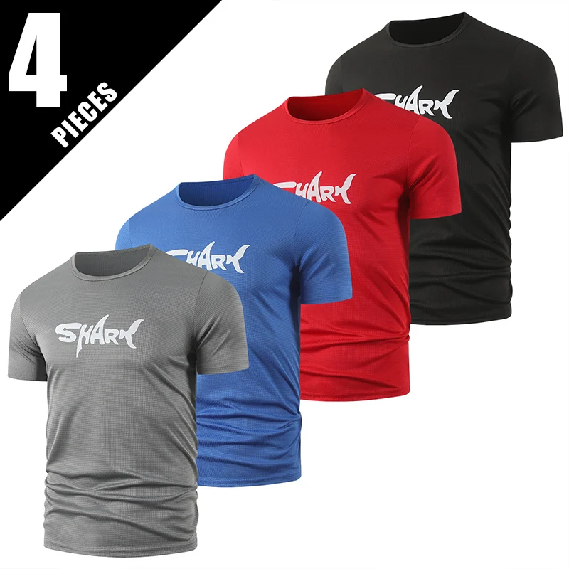 

4-Piece Men's Summer Fashion Shark Letter Print Short Sleeved Comfortable Plus Size Round Neck T-Shirt Sports And Fitness Top