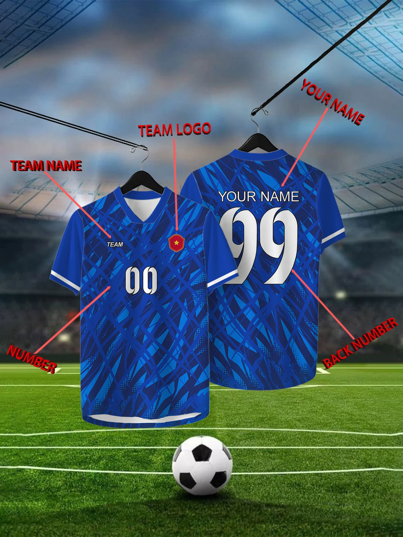 

Customized geometric blue short sleeved shirt with team name, emblem, name and number, outdoor sports short sleeved T-shirt