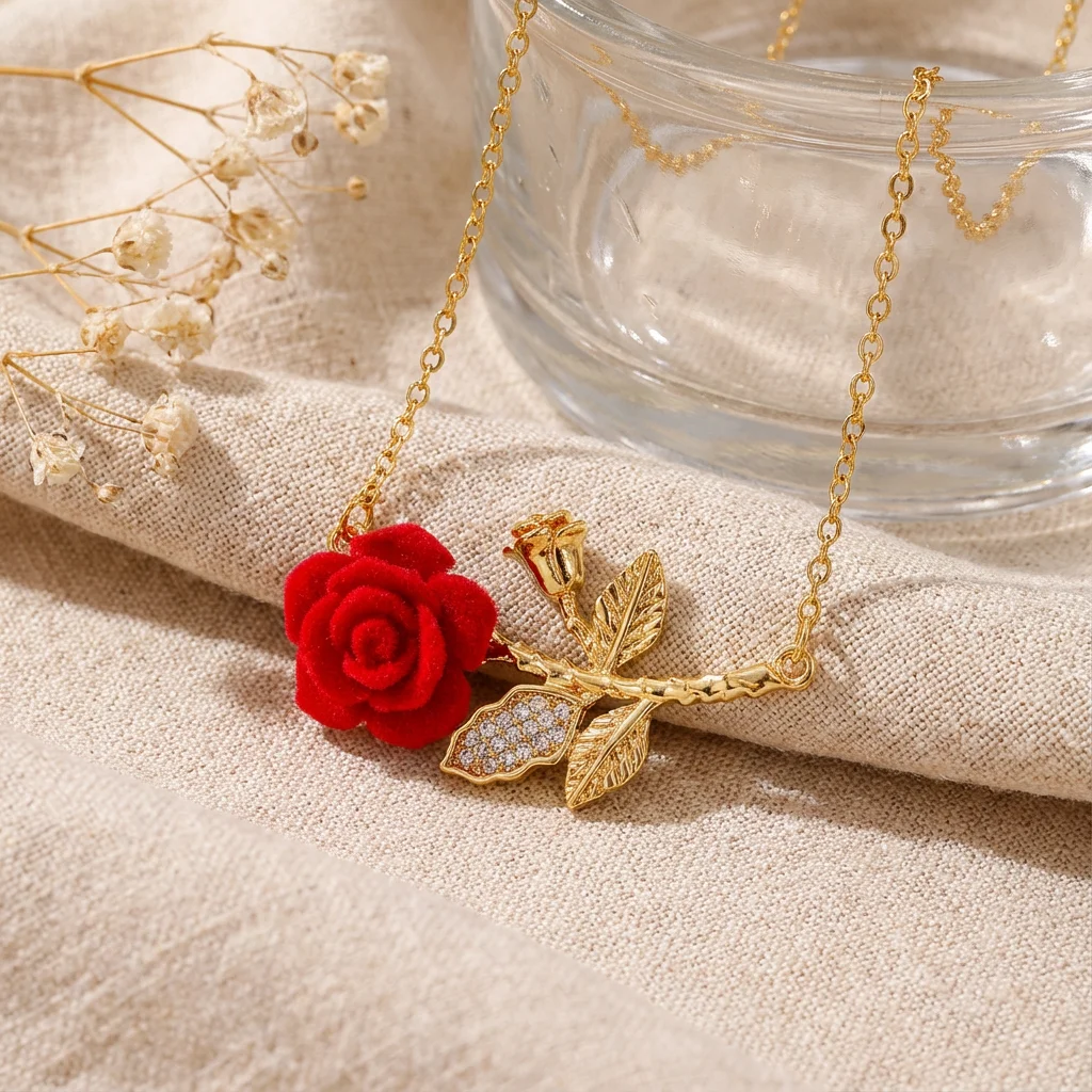 Romantische Rosen-Halskette für Frauen, modisch, schlicht, ästhetisch, Blumen-Zirkon-Anhänger, goldfarbene Kette, Valentinstagsgeschenk, Party-Schmuck – Detail 4