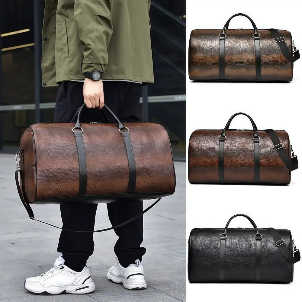 Crocodile-Textured Travel Duffel Bag Retro PU Leather Vacation Luggage Durable Large Capacity Business Trip Handbag Men Women