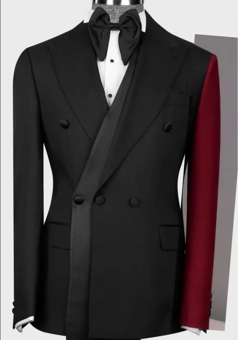 Double Breastred Groomsmen Burgundy and Black Tuxedos Peak Lapel Men Suits Wedding 2 Piceces ( Jacket+Pants )  D540
