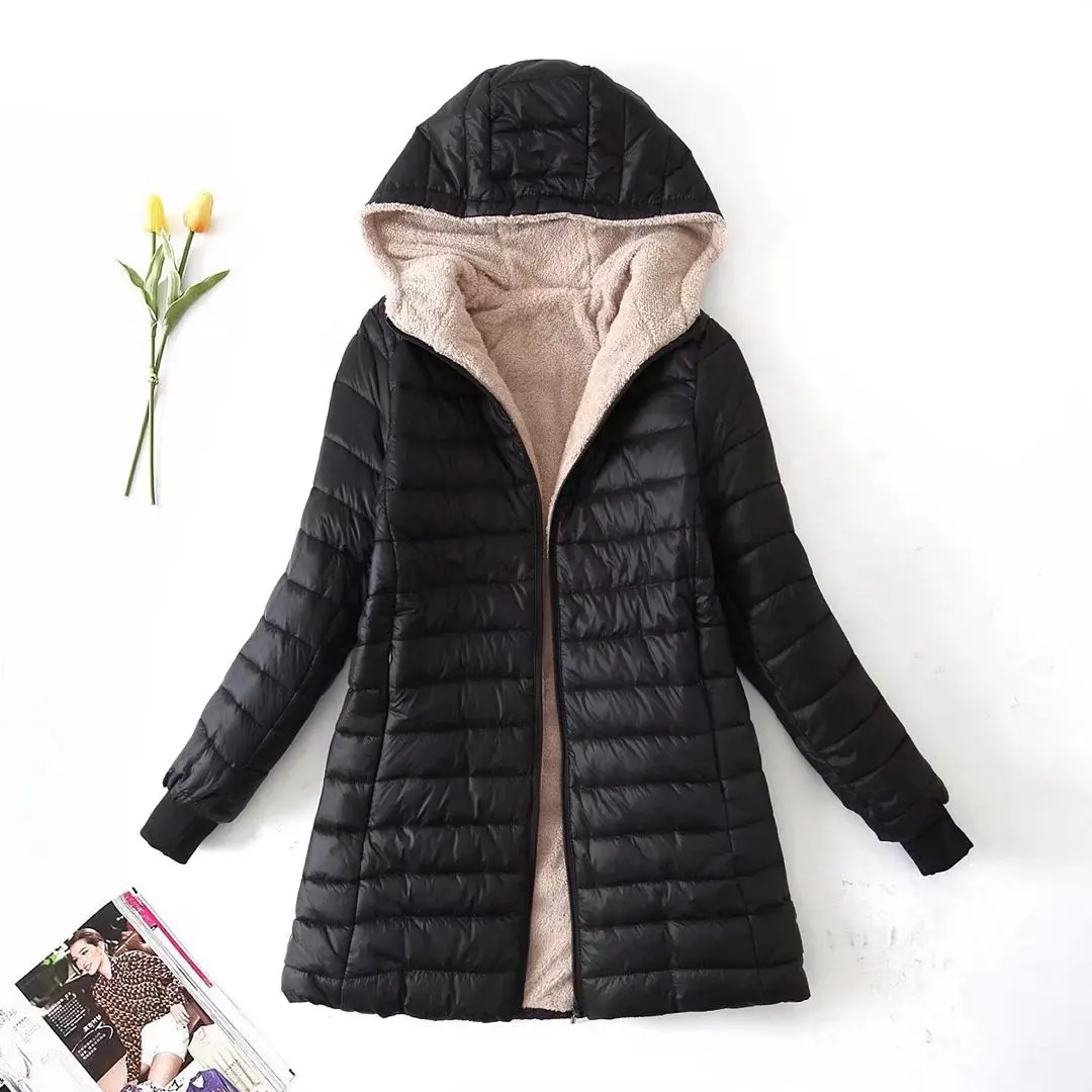 

Winter New Fashion Medium To Long Women Casual Warm Coat Simple Solid Color Female Hooded Lamb Fleece Top Jacket
