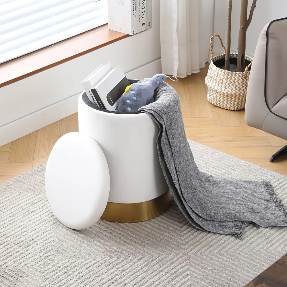 

Faux Leather Round Storage Ottoman Footrest With Gold-Plated Base Upholstered Foot Stools Vanity Chair With 23Qt Storage For Living Room