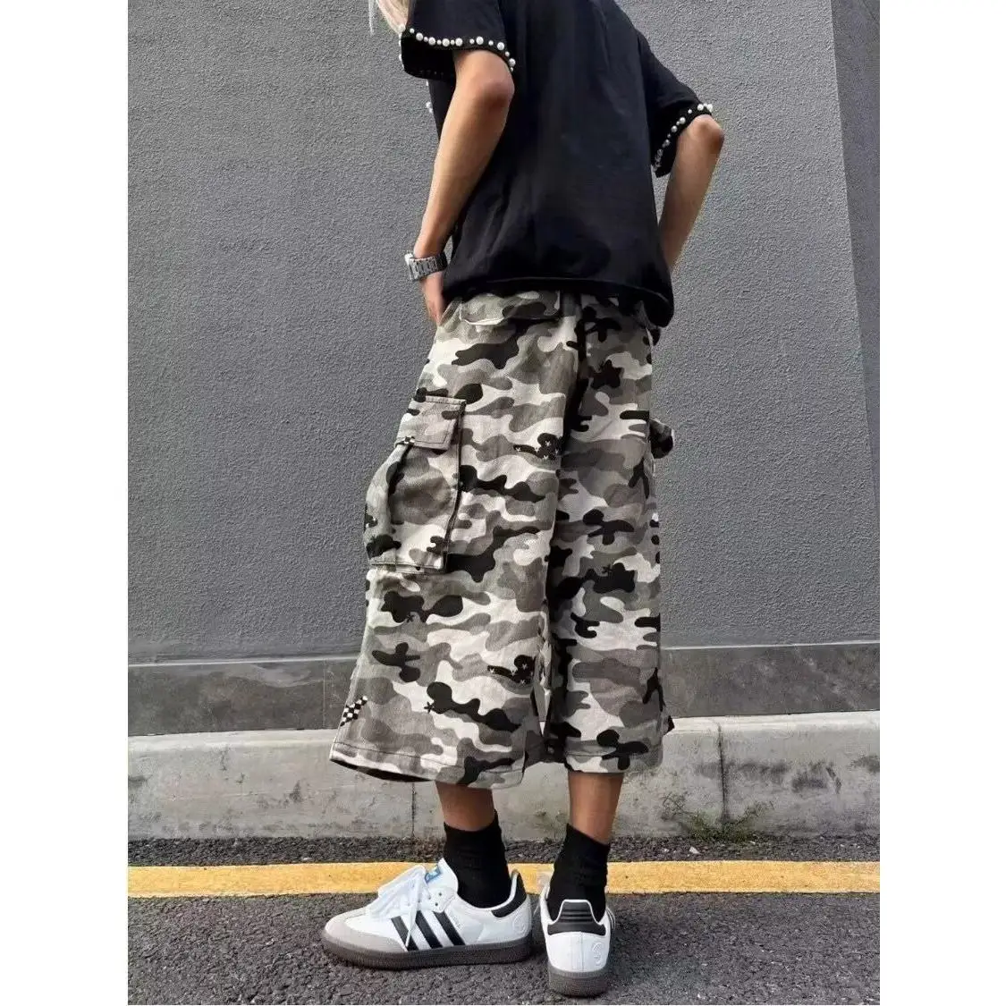 

Retro American Polka Dot Camouflage Work Pants Loose Casual Seven-Foot Trousers for Men And Women Summer Original Design