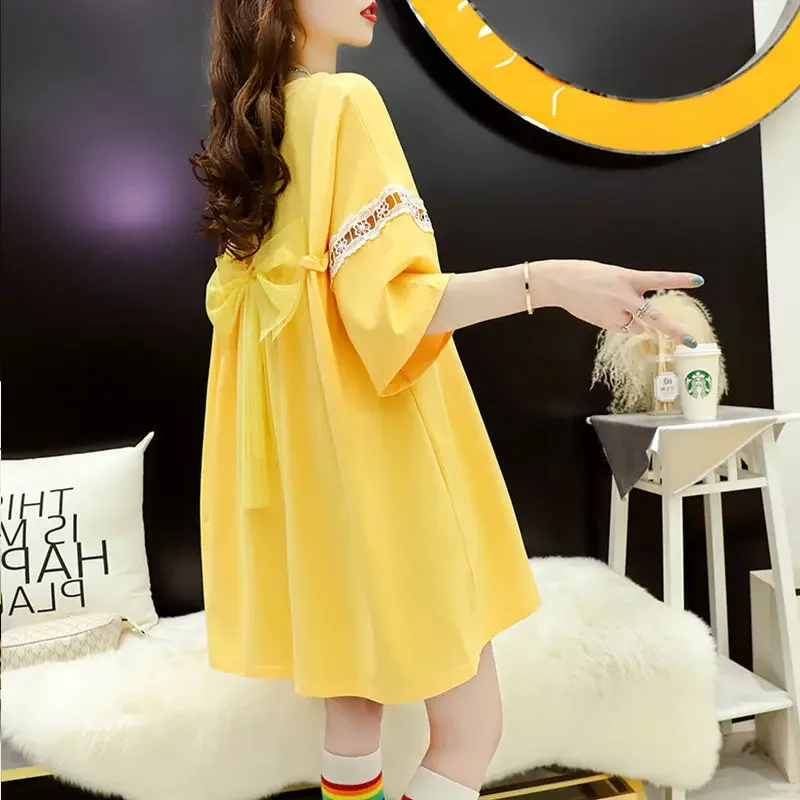 Koreański ubranie Plus Size Midi damska koszulka dla lato T Shirt na co dzień pulowery topy czarny moda graficzny luźna krótka rękaw