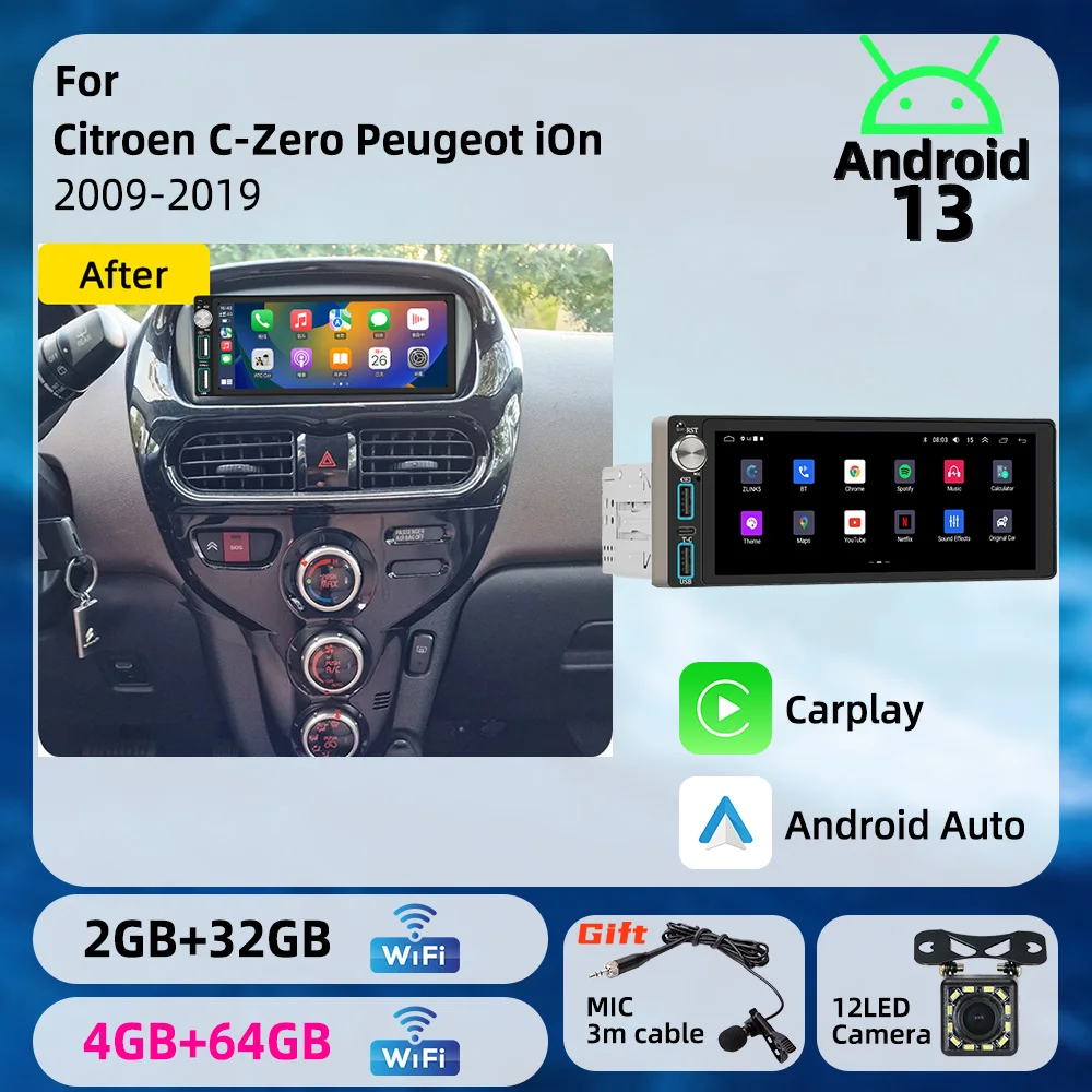 6.86 inch Android 1Din Car Screen Car Multimedia Autoradio Radio Head Unit for Citroen C-Zero Peugeot iOn 2009-2019 Carplay GPS