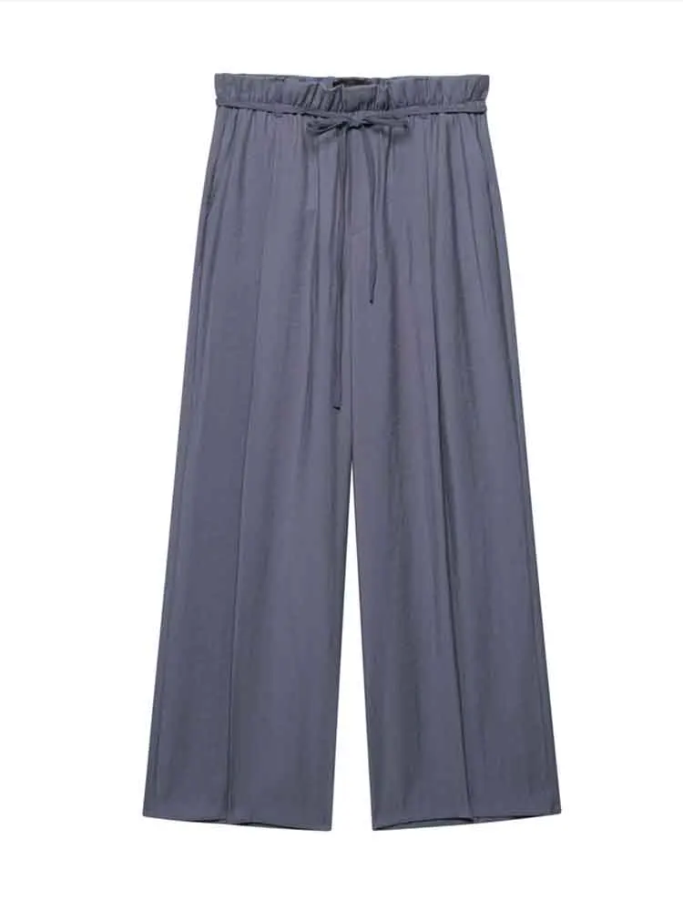

European style new women's fashion versatile temperament solid color with belt paper bag style drape trousers