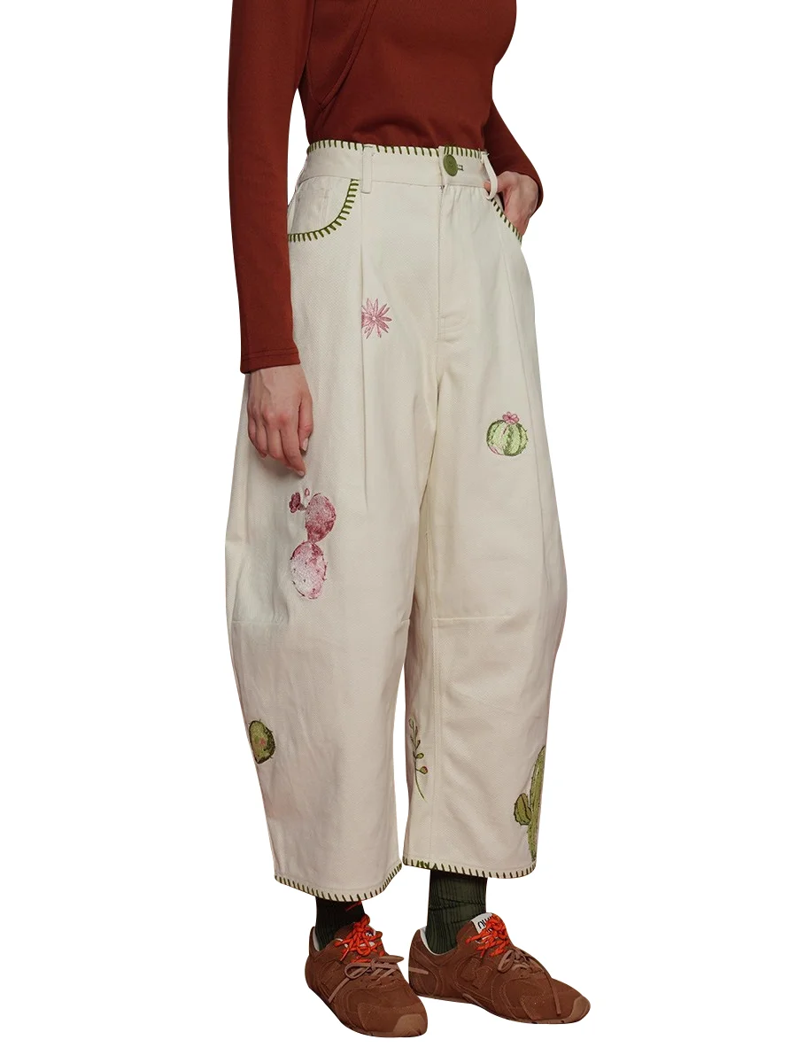 السيدات الصبار المطرزة عالية الخصر واسعة الساق السراويل الخريف