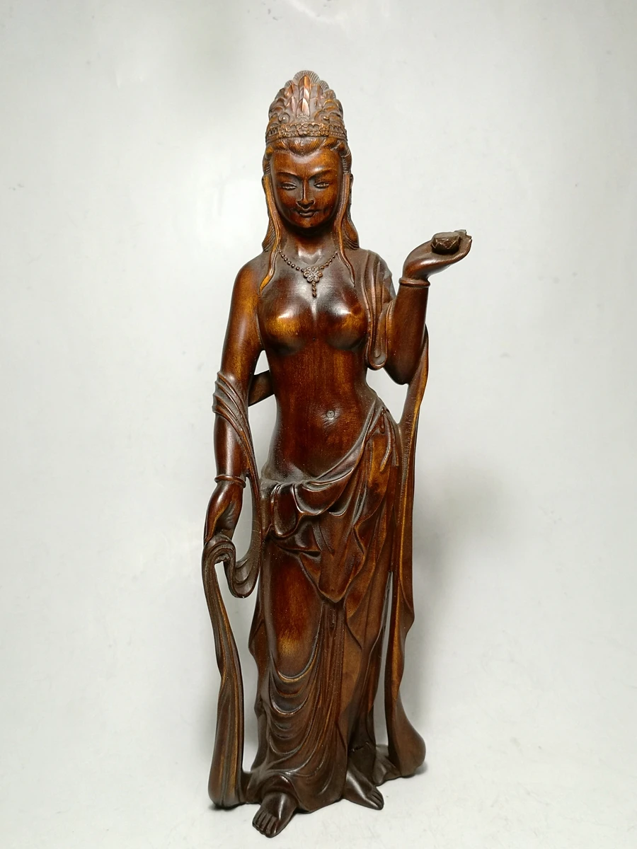 CULTUER ART Hand Carved Chinese Boxwood Wood Buddhism Guanyin Kwan-yin Goddess Statue Collectible 8.8 Inch Height