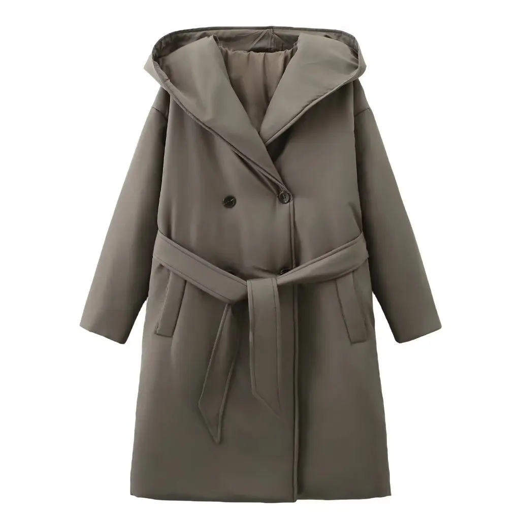 المرأة مزدوجة الصدر معطف طويل مبطّن بالقطن فضفاض مقنعين الخصر الدانتيل متابعة سترة واقية موضة الشتاء ملابس خارجية نمط فتاة ساخنة