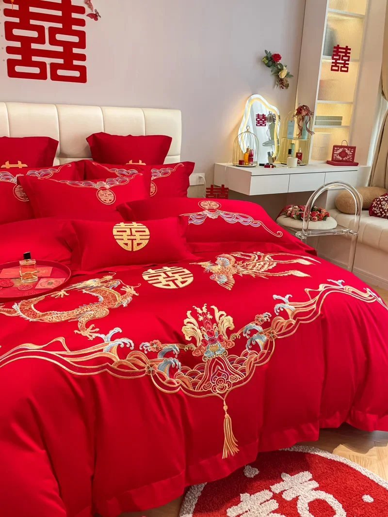4Pcs Chinese Style 100% Cotton Wedding Red Dragon And Phoenix Embroidery Bedding Duvet Cover 200x230 220x240 Four Seasons