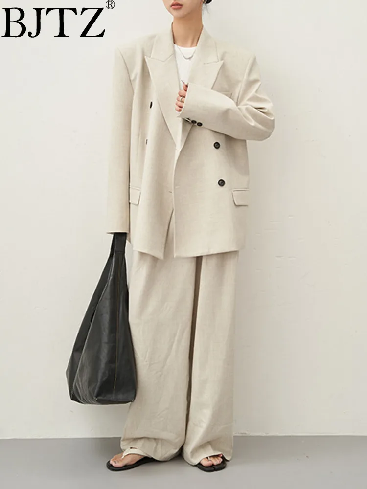 

BJTZ Loose Big Size Double Breasted Blazer Tops Wide Leg Pant For Women Two Piece Set 2025 Spring Autumn New Trendy Female Sets