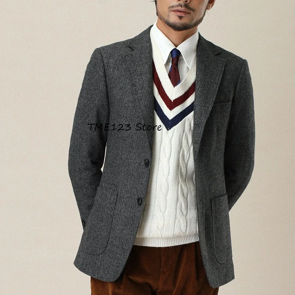 

Мужские куртки с лацканами, элегантные мужские пальто, два пуговицы, квадратные карманы, модный костюм, винтажное пальто из ткани «елочка», повседневное