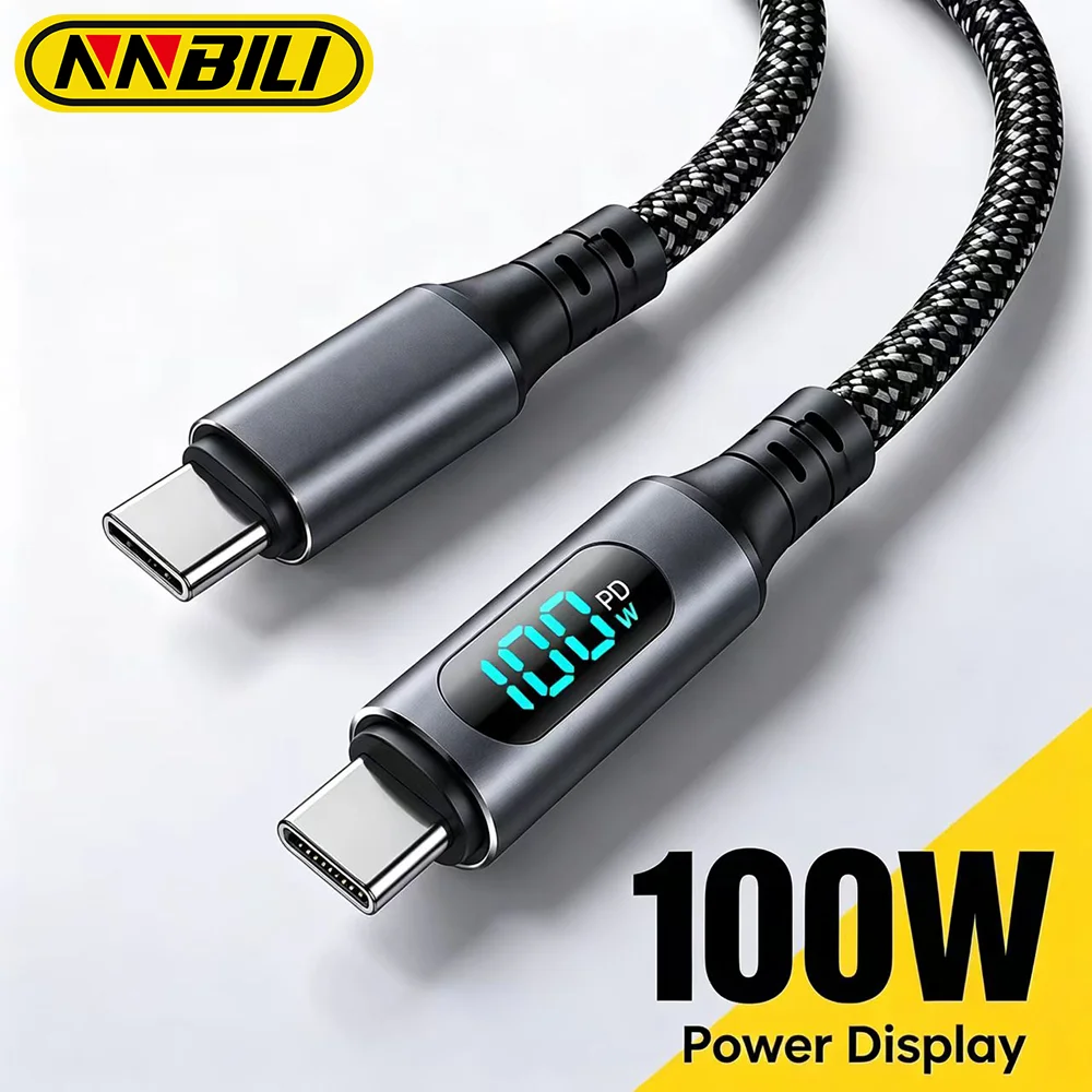 Cabo USB Tipo C para Tipo C NNBILI 120W com Display LED, Carregamento Rápido, Cabo de Dados USB A para Tipo C para Samsung, Honor, Oneplus