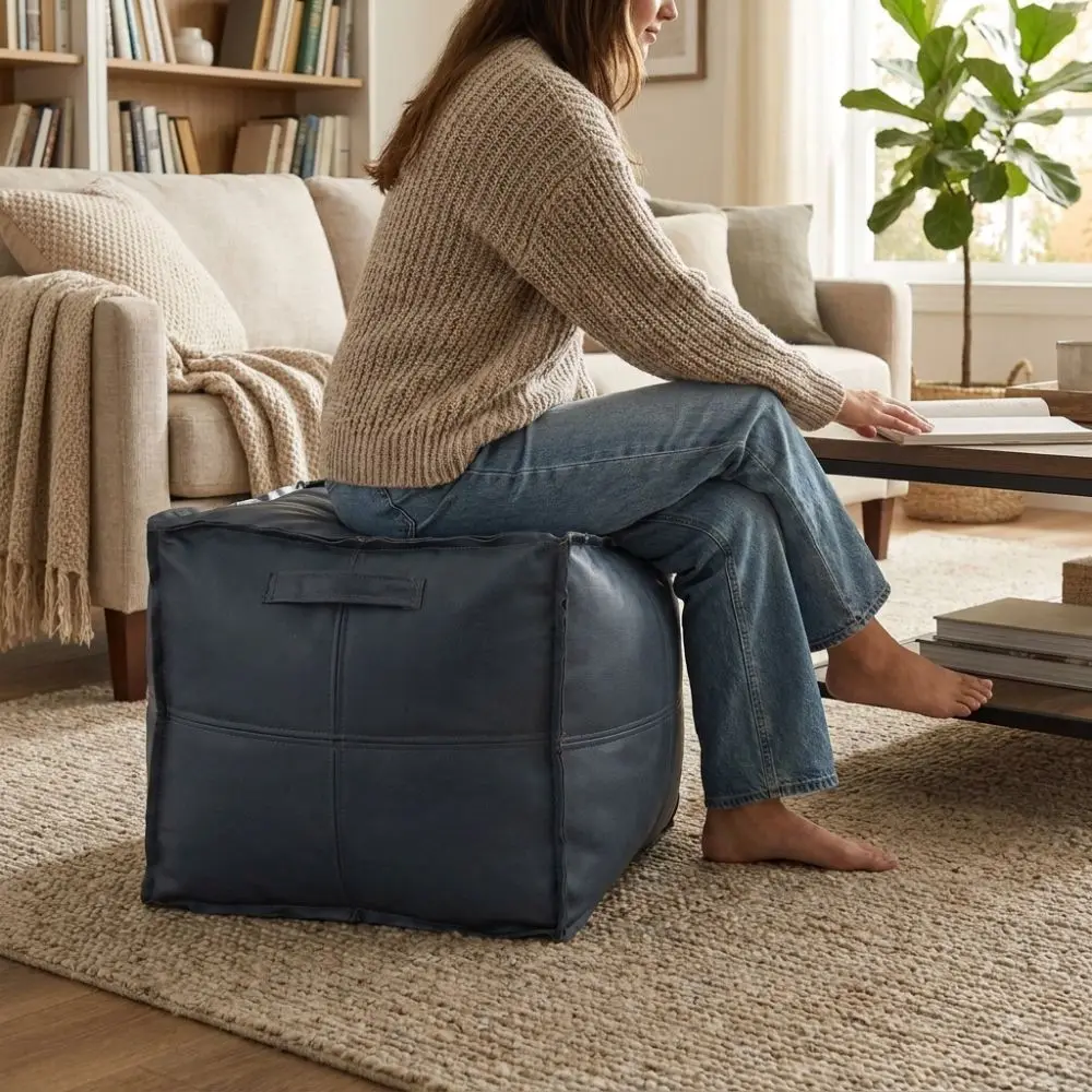PU Leather Square Pouf Cover Waterproof Unstuffed Sofa Footstool Cover with Handle Removable Storage Bag Meditation