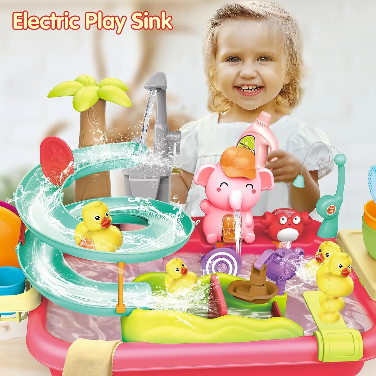 VATOS Kids Play Dishwasher Set Electric Faucet Manual Pump 2 in 1 Running Water Table Kitchen Toy Pool Fishing Game Ages 3+ Girl