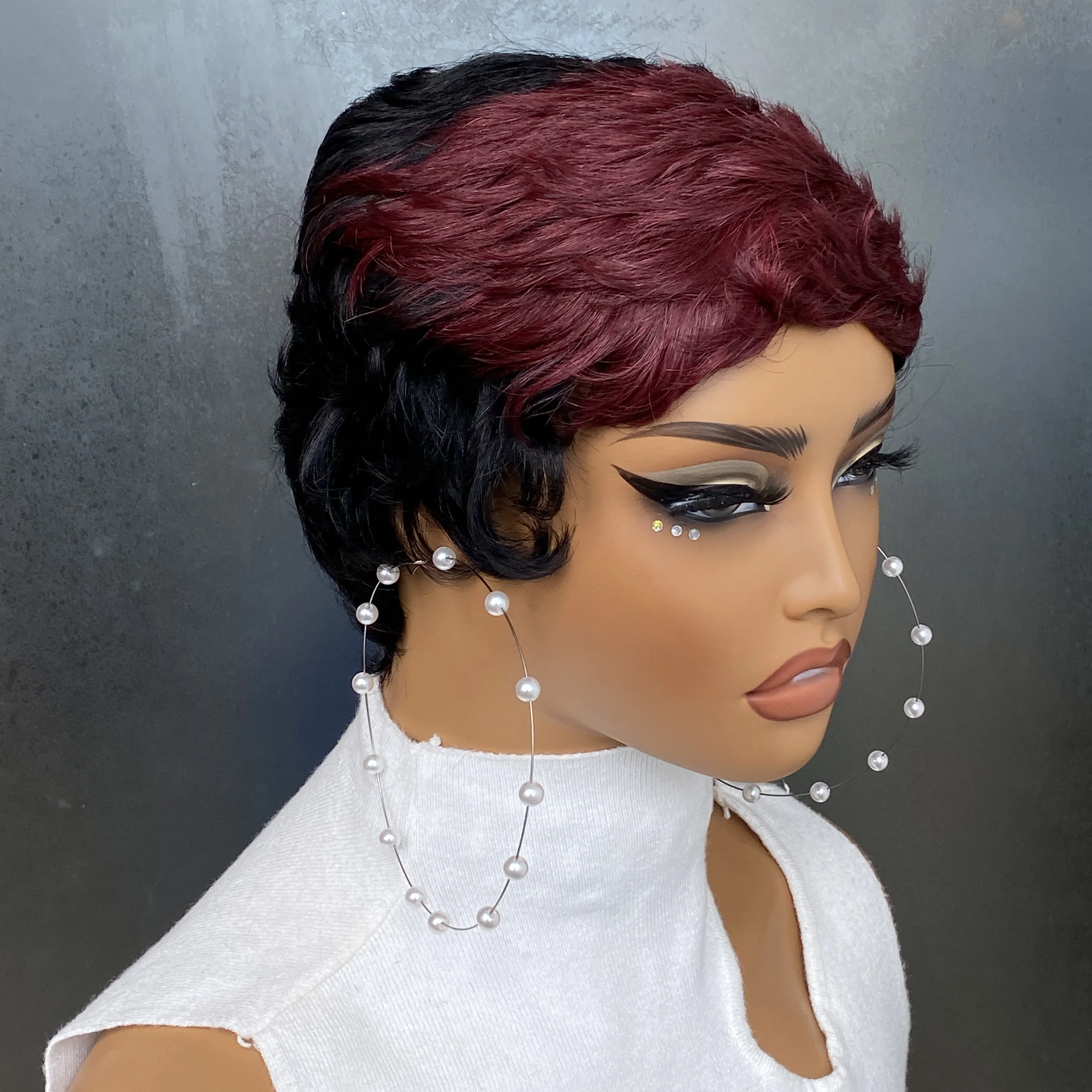 1B99J Two-tone Remy Human Hair Straight Pixie Wig Machine Made Wigs
