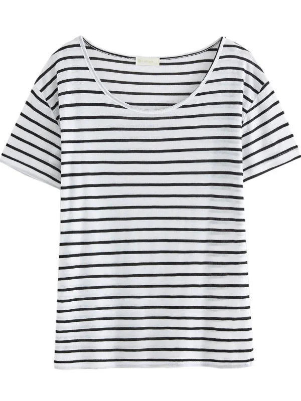 

Ultra-Thin Loose Women's T-irt Summer New Sle ort Sve Striped Silk Wool Casual Classic Fit round Ne Top