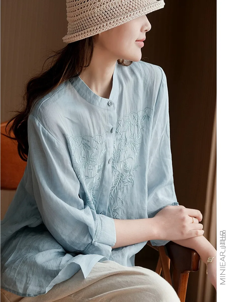 

plus Size Women's Cotton Linen irt Heavy Embroidery Loose Slimming Seven Sve Women's irt Spring Summer Faion