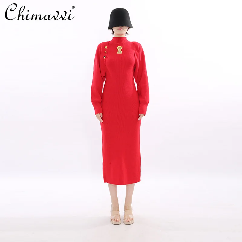 フランスのエレガントな気質を持つ社交界の女性向け、長袖ベスト、スタンドカラー、ノースリーブ、ハイウエスト、ボディコン、スリット入りの赤いドレス