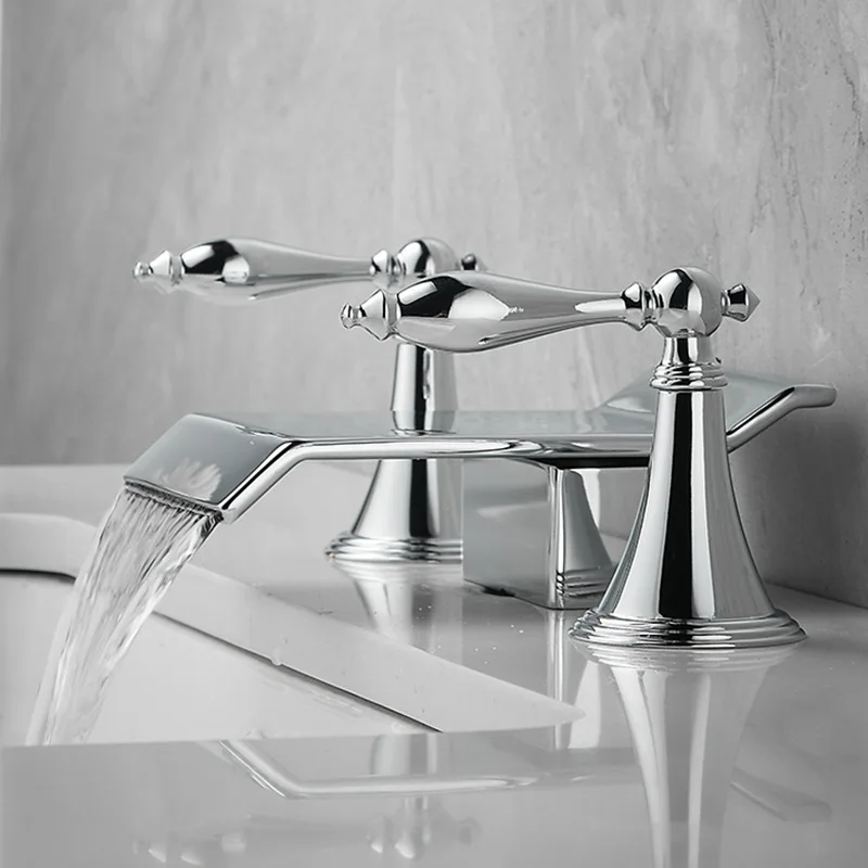 All-copper three-hole washbasin, cold and hot water faucet, washbasin cabinet, hand basin, split-style waterfall-style faucet