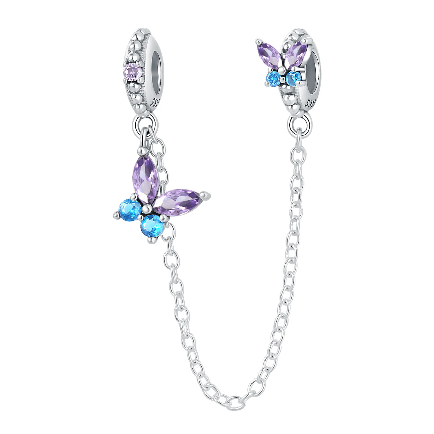 

Original 925 Sterling Silver Charms Luxury Purple-blue Zircon Butterfly Safety Chain Beads Fit Bracelet Diy Women Delicate Gift