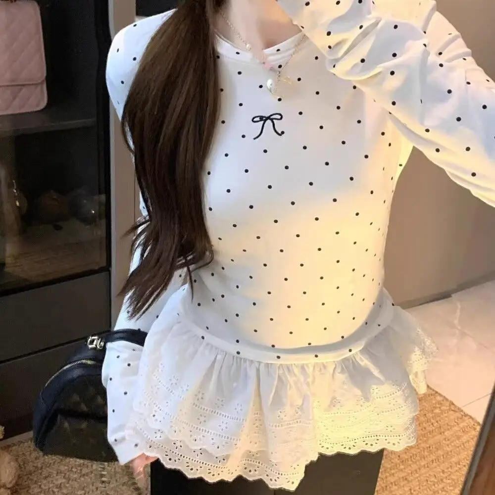

Women's T-Shirt Y2K Kawaii Cute Woman Clothes Tops Pullover Long Sleeve Polka Dot Ruffle Warm Autumn Ladies Casual Daily Fashion