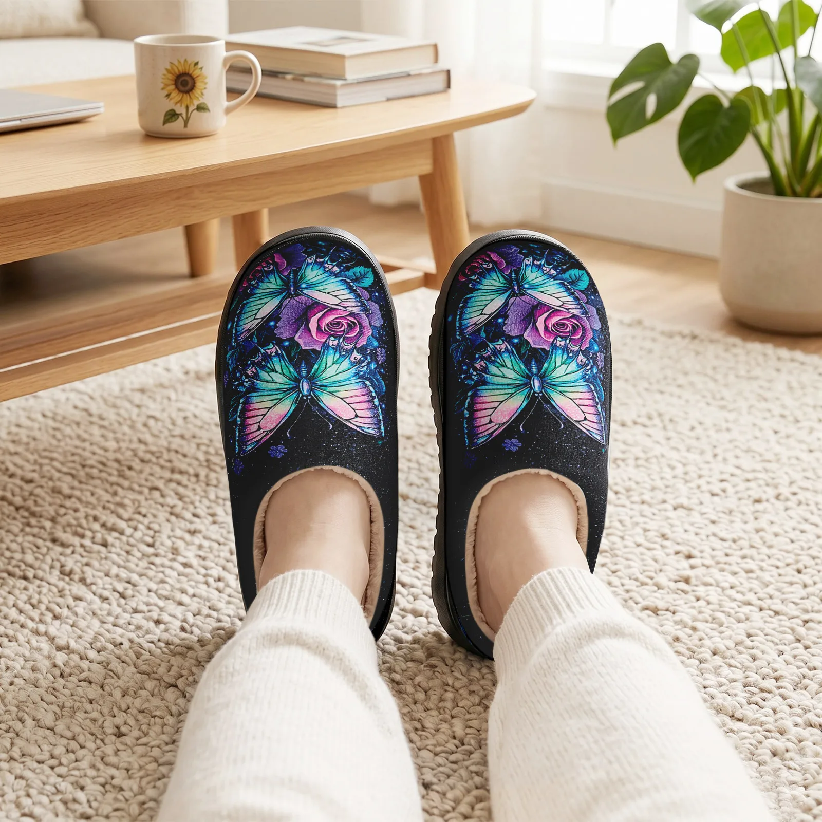 Women's Fuzzy House Slippers Memory Foam Butterfly Rose Floral Print Warm Cozy Indoor Outdoor Slip On Non Slip Bedroom Shoes for