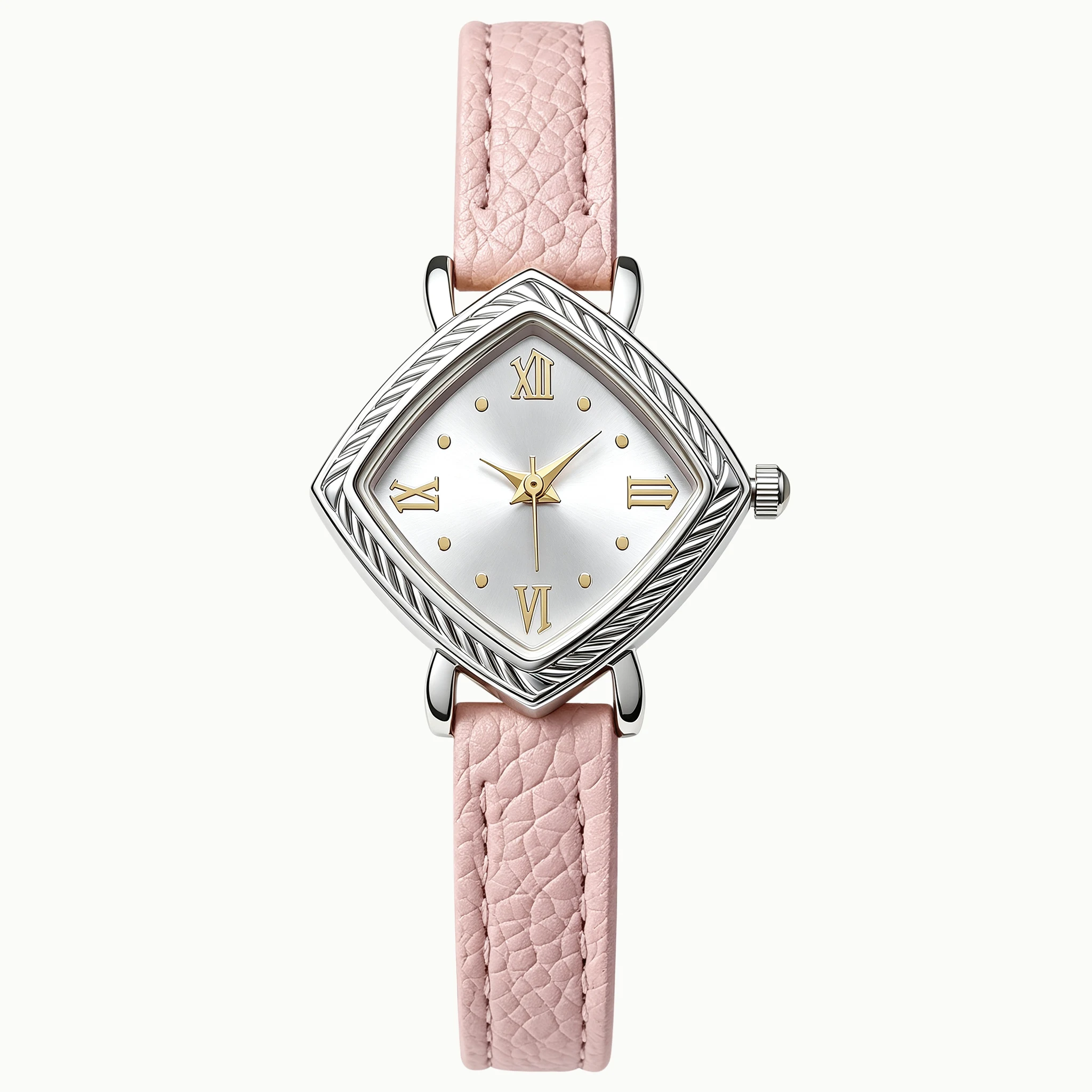 Women Rhombus Twisted Bezel Quartz Wrist Watch Silver Case Faux Leather Strap Roman Numeral Dial Elegant Ladies Watch