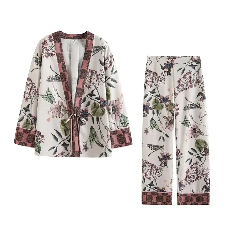 

TRAF Women Summer 2-Pieces Sets 2025 Vintage Print Loose kimono Tops and Trousers Female Elegant Street Two Suits Clothes